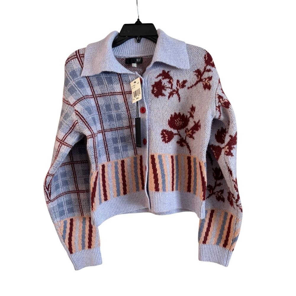 Kut From The Kloth Sybil Printed Floral Cardigan Sweater Size Small Purple NWT